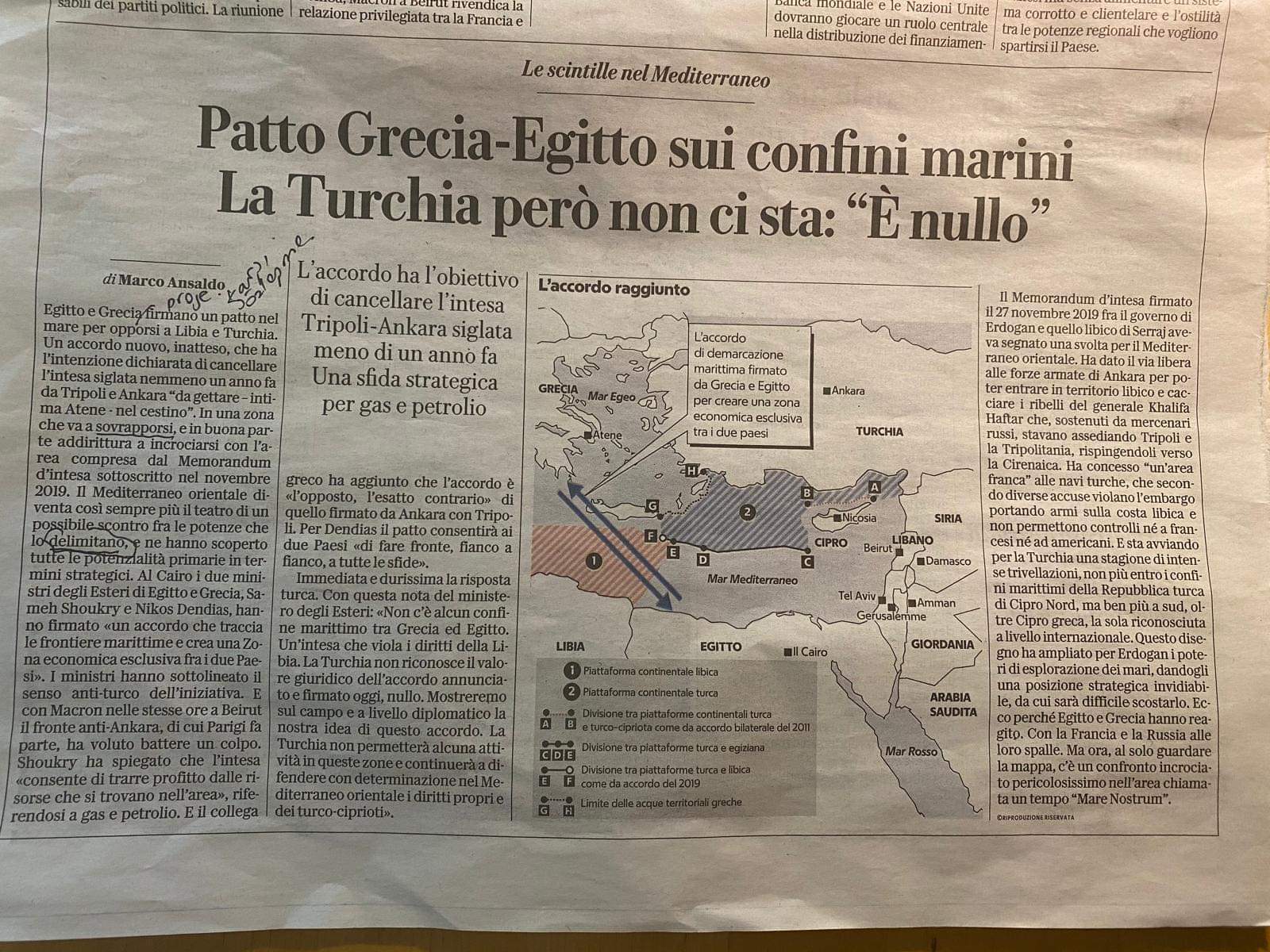 İtalyan Repubblica Gazetesi : Deniz Sınırlarında Yunan-Mısır Paktı